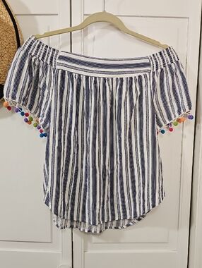 Lily White Navy & White Striped Off-Shoulder Top with Pom Trim